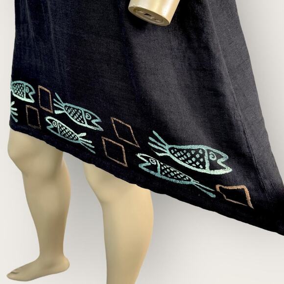 Blue Cactus Vintage 100% Linen Short Sleeve Hand Paint Shift Dress Size PS Black - Picture 9 of 15